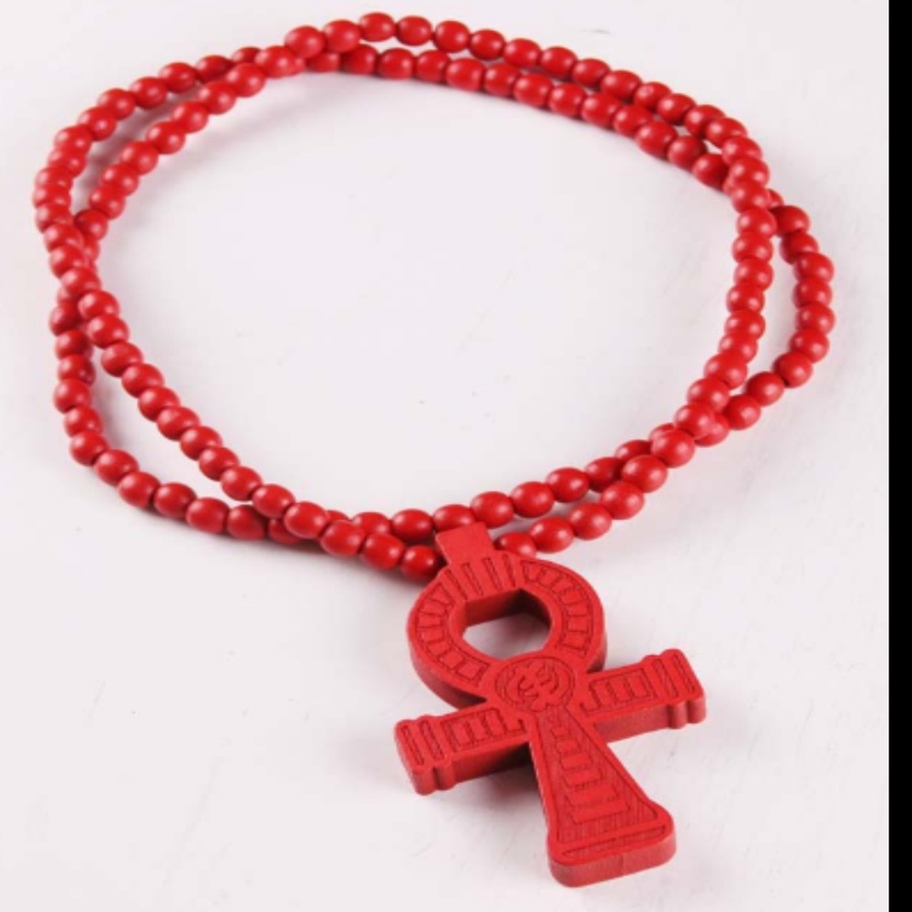 Natural Wood Ankh Egyptian Cross Kemet Pendant Red